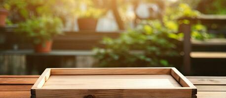 Empty wooden trays on a holiday wooden table perfect for advertising photo