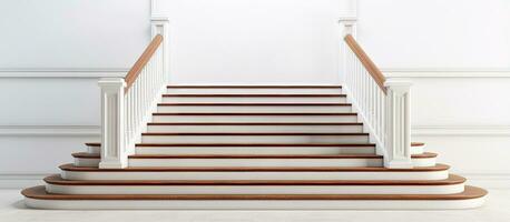 White stairs going both up and down with brown handrails photo