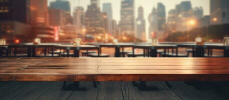 The restaurant blurred in the background with a table top in front photo