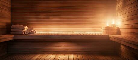 Close up view of an infrared sauna with wooden walls bench and ceramic heaters emphasizing a healthy lifestyle photo