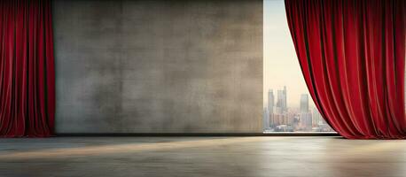 bright interior with city view and red curtains wooden floor and concrete wall Mock up photo