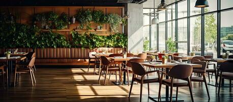 Empty daytime interior of a restaurant with furniture photo