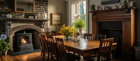 Renovated older home features a bright traditional dining area with a cast iron fireplace granite hearth and timber surround all beautifully lit up photo