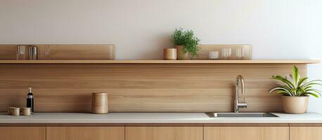 Kitchen with wooden cabinets cupboards and sink stocked with kitchenware photo