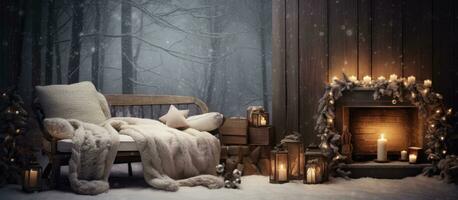 The enchanting Christmas ambiance room with fireplace artificial snow garlands blanket and hot drinks tray photo