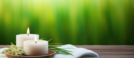 A white towel green grass and a colorful scented candle on a tray with space for text photo