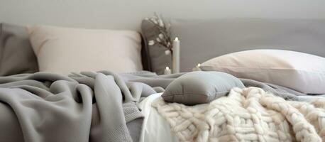 Gray bedding stack with home sign and soft pillows and blanket textile concept photo