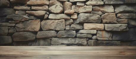 Vintage style wood terrace with natural color stone wall texture background photo