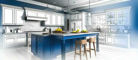 Stunning personalized kitchen design with blue color scheme visualized in a drawing and photo blend