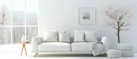 escandinavo estilo ilustración de un blanco vivo habitación con un sofá foto