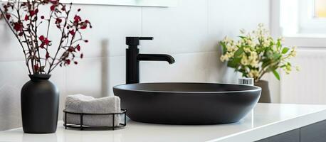 Modern bathroom with a sleek vessel sink atop a light countertop paired with a black basin mixer photo