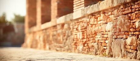 Close up view of Roman brick wall with blurred buildings in background on sunny day Empty area available photo