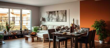 Brightly illuminated dining area and adjoining living space adorned with ample decorations photo