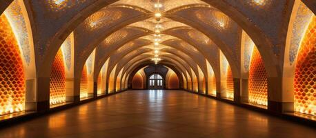 Corridor of a Turkish house adorned with ceramic floor and ceiling lights photo