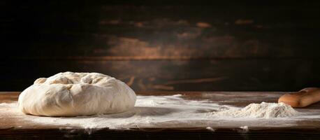 Uncooked bread dough placed on table photo