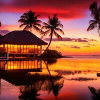 A tranquil bungalow illuminated by a vibrant Caribbean sunset, its silhouette creating a mesmerizing reflection. Generative AI photo