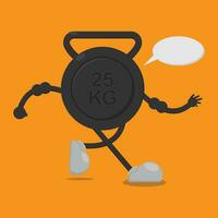 a cartoon weight lifting kettlebell character running with a speech bubble vector