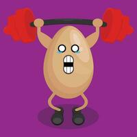 an egg lifting a barbell on a purple background vector