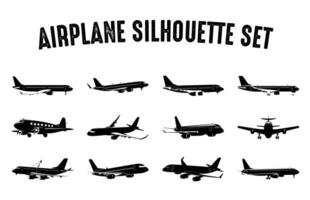 Airplanes silhouette collection, Planes In Flight, Black color Airplanes vector silhouettes isolated on white background