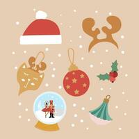 hand-drawn flat Christmas elements with Christmas ornaments, snow globe and a Santa hat. vector