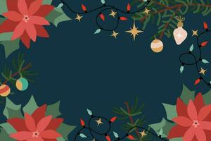 Merry Christmas background with lights and poinsettia flowers. vector