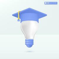 Light bulb with graduation hat icon symbols. Inspiration, best idea, education concept. 3D vector isolated illustration design. Cartoon pastel Minimal style. You can used for design ux, ui, print ad.