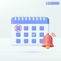 Calendar with Bell notification icon symbols. event, business planning, reminder concept. 3D vector isolated illustration design. Cartoon pastel Minimal style. You can used for design ux, ui, print ad