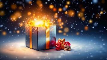 Gleaming Treasures - Festive Bokeh Setting with Gift Box - Generative AI photo
