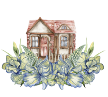 Watercolor composition of an old wooden farm house and flowers . png