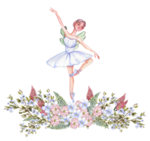 Composition of dancing ballerina with flowers. png