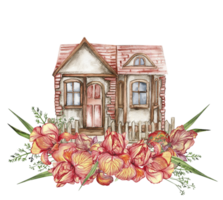 Watercolor composition of an old wooden farm house and flowers . png