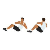 Man doing Russian twists exercise. Flat vector illustration isolated on white background