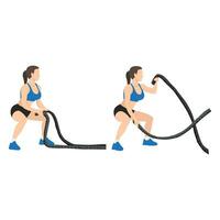 Woman doing battle rope squatting alternating waves. vector