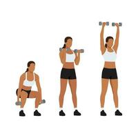 Woman doing Squat to curl to press exercise. Flat vector illustration isolated on white background