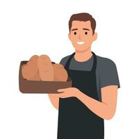 A baker smiling happily while holding an oven tray with freshly baked bread. Fresh bread smells good. vector