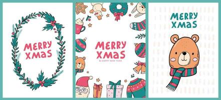 Christmas cards, posters, prints, invitations, templates set decorated with lettering quote and doodles. New year prints, social media templates. EPS 10 vector