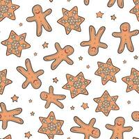Christmas gingerbread cookies seamless pattern with doodles on white background for nursery prints, wallpaper, scrapbooking, wrapping paper, textile, etc. EPS 10 vector