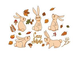 Cute bunny in the autumn forest. Set of stickers. Vector. vector