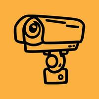 Security camera. CCTV surveillance system. Monitoring, guard equipment, burglary or robbery prevention. Vector illustration isolated on yellow background.