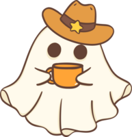 Cute cowboy Halloween ghost with coffee cartoon doodle png