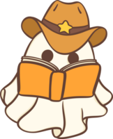Cute cowboy Halloween ghost with book cartoon doodle png