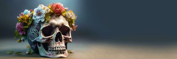 Day of the Dead Skull with Flower Garland - Festive Design Theme - Generative AI photo