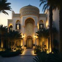 Realistic Arab style villa with realistic professional faade lighting is the subject Generative AI photo