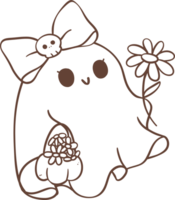 Cute ghost girl outline with flower cartoon doodle png