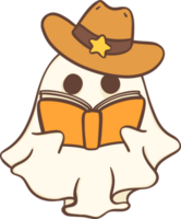 Cute cowboy Halloween ghost with book cartoon doodle png