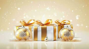 Elegant Gift Box with Festive Golden Ribbon and Christmas Ornaments - Generative AI photo