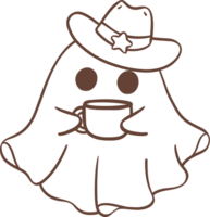 Cute cowboy Halloween ghost with coffee cartoon doodle png