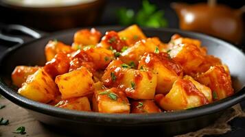 potatoes with sauce and garnish in a black bowl photo