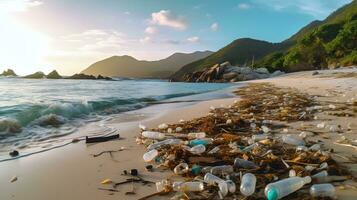 plastic bottles on the beach with water and rocks photo