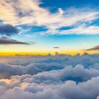 Dramatic white clouds and blue sky from airplane window view Colorful sunset cloudscape background. Generative AI photo